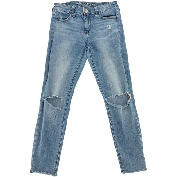 American Eagle Outfitters Denim - American Eagle Skinny Ripped Jeans 4 Light Blue Super Stretch Denim Raw Hem